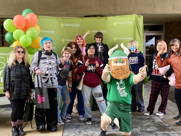 PSUF students pose with Victor Viking during PSU Day of Giving